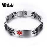 Vinterly Medical Men Alert ID Bracelet Fashion Jewelry High Quality Rock Punk Black Silicone Stainless Steel ID Bangles for Men